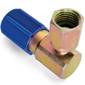 7/16"-20 RC134A 90° Low Side Adapter with M8 x 1 Blue Cap & Core