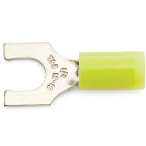 12 - 10 AWG Yellow 1/4" Nylon Insulated Sta-Kon® Locking Fork Terminal