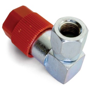 3/8"-24 RC134A 90° High Side Adapter with M8 x 1 Red Cap & Core