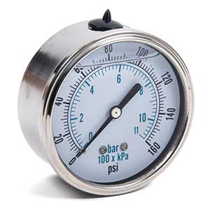 0-160 P.S.I. Center Mount Liquid-Filled Pressure Gauge