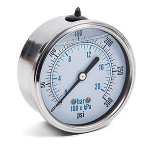 0-300 P.S.I. Center Mount Liquid-Filled Pressure Gauge